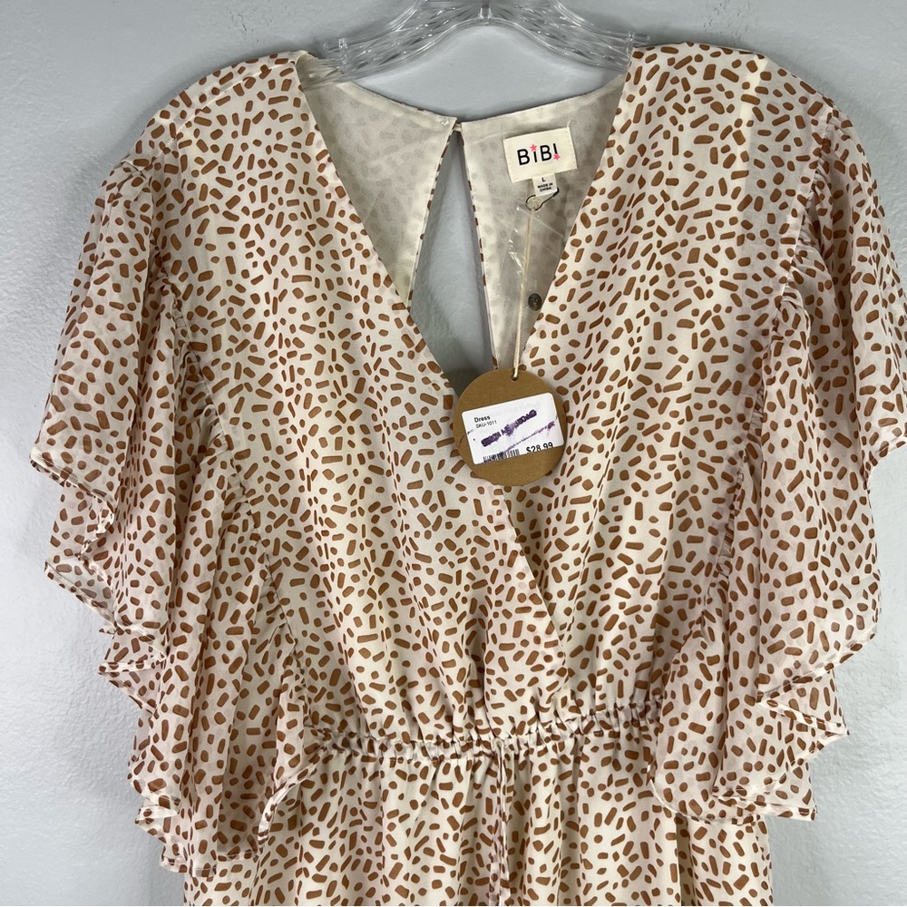 Bibi Mini Dress Women's L Cream Brown Deep V Neck Flutter Sleeve Drawstring Boho - Picture 5 of 15